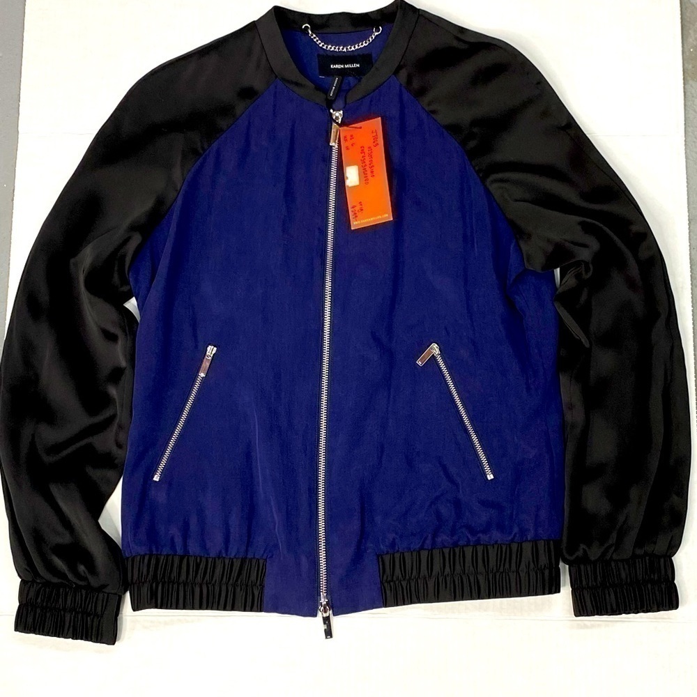 Karen Millen women’s zip up jacket two tone, blue black, elastic waist NWT NEW